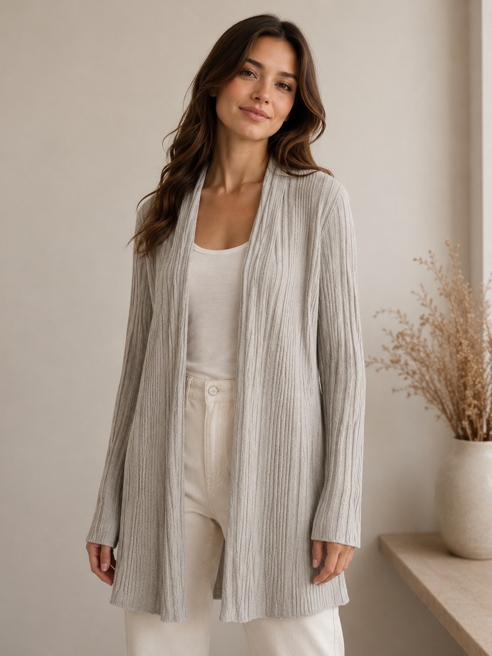Ribbed Open-Front Cardigan in Light Gray - Women
